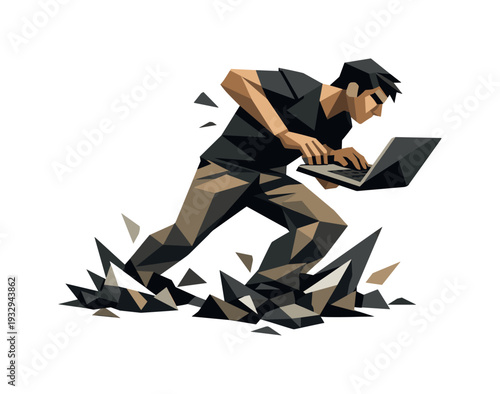 Coder Under Pressure. Low-poly vector illustration of a coder struggling mid-sprint under deadline pressure, body twisted slightly