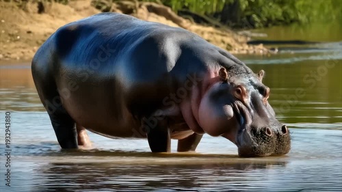 A large, dark gray hippopotamus stands partially submerged in water, head down, near riverbank