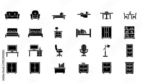 Minimal Black Home and Office Furniture Glyph Icons