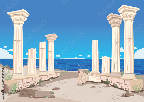 The ruins of an ancient temple with shattered marble columns against the blue sea. A symbol of travel and relaxation. Hand-drawn vector illustration of ancient architecture.