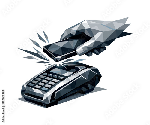 Low-poly vector illustration of the setup before a payment tap, angular hand holding a faceted card or smartphone hovering just