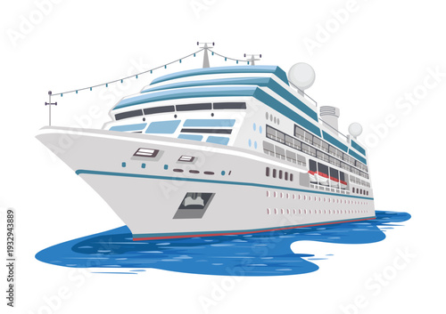 A white cruise ship or ocean passenger liner sails on a blue sea. Summer vacation and travel. Hand-drawn vector illustration on a white background.
