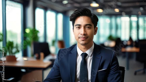 A man in a blue suit and tie poses in a modern office, looking at the viewer