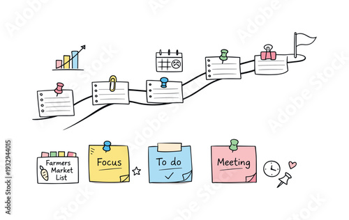 Milestone roadmap path, notebook strips as checkpoints, mini chart and calendar icons, pinned sticky notes for Farmers market