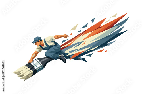 Low-poly vector illustration of a painter accelerating into the brush splash, dynamic diagonal composition with the brush slicing