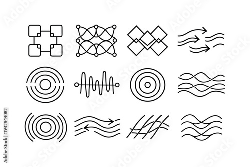 Line style vector icons of startup business launch operations and legal: sync tile, flow mesh, pattern tile, transition contour,