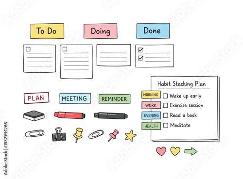 Kanban task cards on paper, column headers on sticky notes, stamps and markers, checklist symbols for Habit stacking plan with