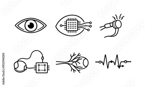 Line style vector icons of visual prosthesis: eye-outline motif, retinal-chip icon, nerve-stimulation symbol, electronic-implant