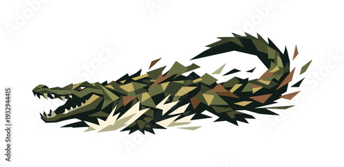 Low-poly vector illustration of a crocodile mid-surge under peak tension, extreme angular silhouette with head thrust forward and