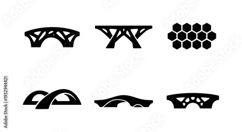 Collection of stylized bridge icons representing different architectural designs and structural concepts