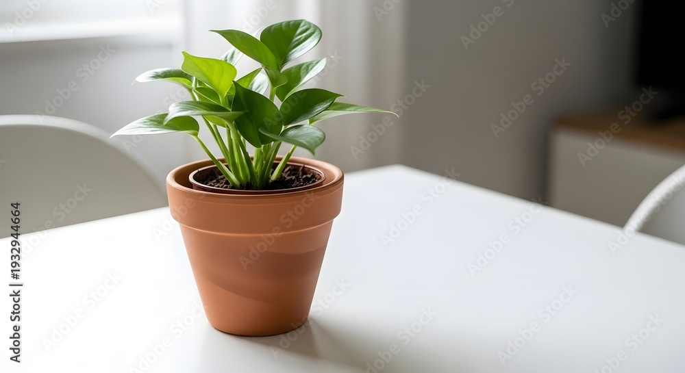 Obraz premium Small green houseplant in a terracotta pot on a white table in a modern interior.