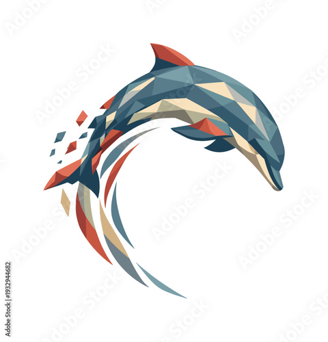Graceful Dolphin Descent. Low-poly vector illustration of a dolphin descending gracefully after the jump, controlled angular