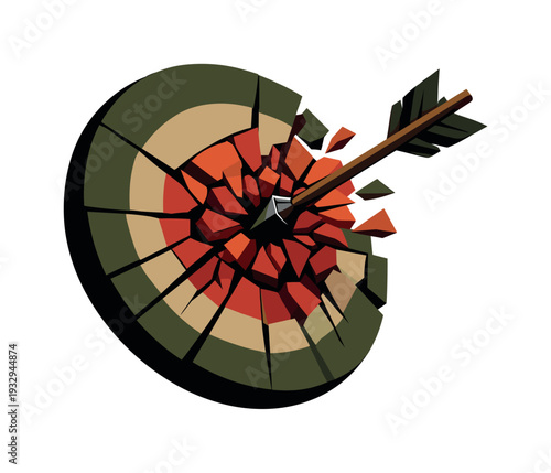 Low-poly vector illustration of a target under impact strain, bullseye geometry fractured into tense angular segments as the