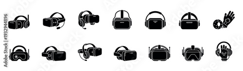 A comprehensive set of virtual reality headset and controller glyphs, perfect for technology websites, gaming application icons, futuristic digital interfaces, and immersive entertainment