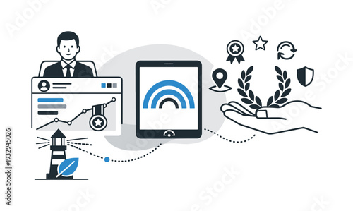 Modern minimal flat vector conceptual collage, crisp hard edges, consistent THIN outline stroke, rounded corners where needed,