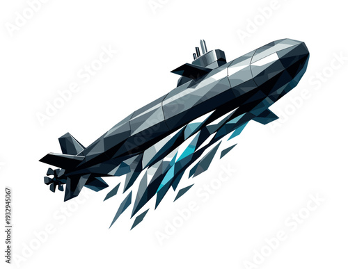 Low-poly vector illustration of a submarine preparing to surface, horizontal angular posture transitioning upward with control