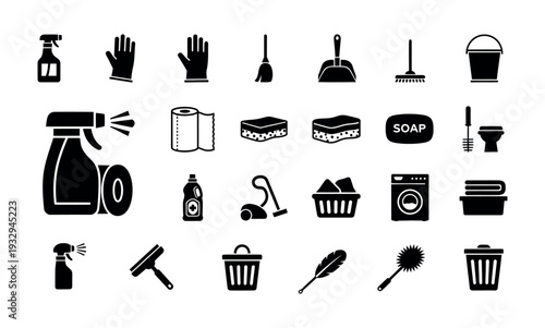 Comprehensive collection of essential household cleaning tools and supplies icon set, perfect for domestic upkeep tasks, property maintenance projects and informational graphic presentations