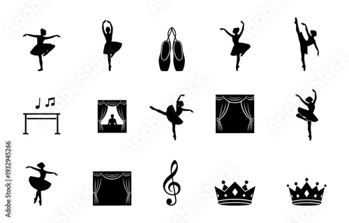 A collection of elegant ballet dancer silhouettes, pointe shoes, musical symbols, and theater stage elements perfect for dance school promotions and performing arts event advertising