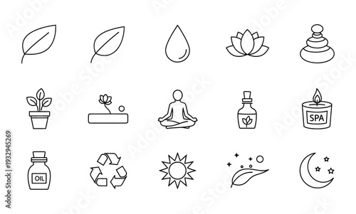 Collection of outline wellness and nature icons depicting leaves water lotus zen stones potted plant meditation essential oils spa candle recycle symbol sun moon and stars for health and
