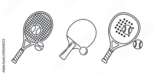 Line art collection of sports rackets and balls for tennis, table tennis, and padel, suitable for athletic branding, equipment advertisements, and online sports content.