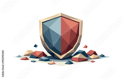 Low-poly vector illustration of a firewall shield block in its future state, shield standing intact and stable with refined
