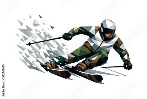 Low-poly vector illustration of a downhill skier carving aggressively through a turn, full-body athlete with sharply faceted