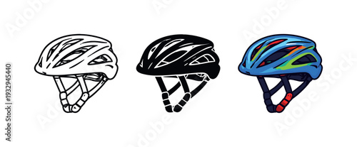 Pedaling action expressed through a protective cycling helmet with vents and chin strap, same shape repeated side by side in