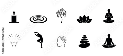 Monochrome icons for meditation, yoga, and wellness, featuring serene figures, lotus flowers, and zen stones for spiritual and holistic health branding and mindful living designs
