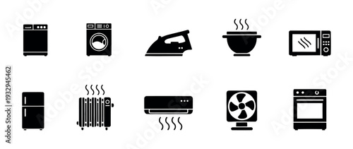 A comprehensive collection of essential household appliance silhouette icons perfect for consumer product advertising real estate property listings and modern web interface elements.