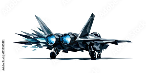 Low-poly vector illustration of a jet preparing for takeoff, stationary angular stance with landing gear engaged and wings flexed