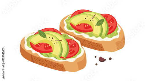 Delicious avocado toast with sliced tomato fresh herbs and cream cheese on toasted whole grain bread for breakfast.