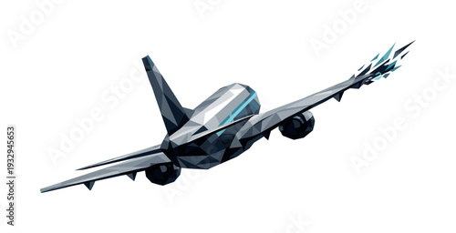 Low-poly vector illustration of an airplane setting up for a banking turn, wings nearly level but beginning to tilt, faceted body