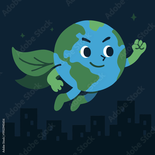 Earth globe wearing superhero cape made of green leaves flying above dark city