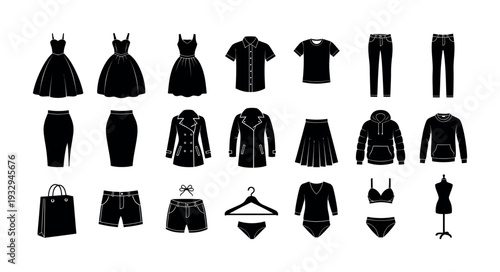 Collection of diverse black silhouette clothing items and apparel icons suitable for ecommerce platforms, shopping applications, fashion catalogs, and wardrobe management systems.