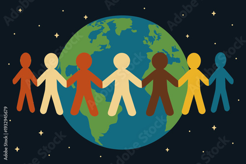 Global chain of paper-cut style people holding hands around the equator of Earth