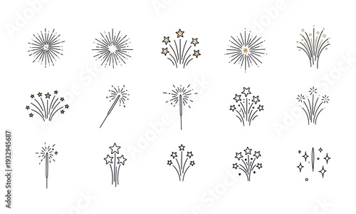 Minimalist line icons depicting various fireworks and sparklers for festive celebrations, holiday events, party decorations, and graphic applications.