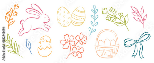 Cute Easter vector set. Spring bunny chick eggs. Floral handdrawn art.