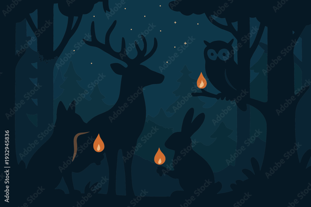Fototapeta premium Night forest scene with animals holding tiny candles in support of Earth Hour