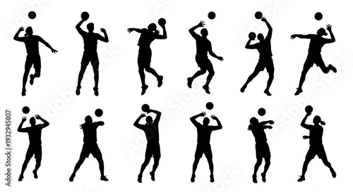 Volleyball Actions: Capturing the dynamism of a volleyball game, silhouettes depict players executing a variety of moves: from diving to serving, and setting.