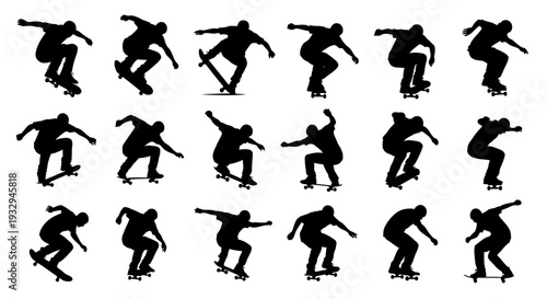 Skateboard Silhouette Sequence: A dynamic black silhouette series captures a skater's fluid movements, showcasing the artistry and athleticism of skateboarding.