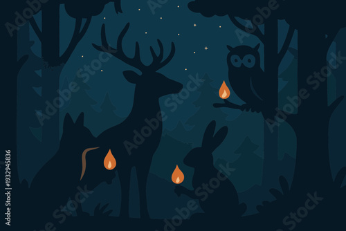 Night forest scene with animals holding tiny candles in support of Earth Hour