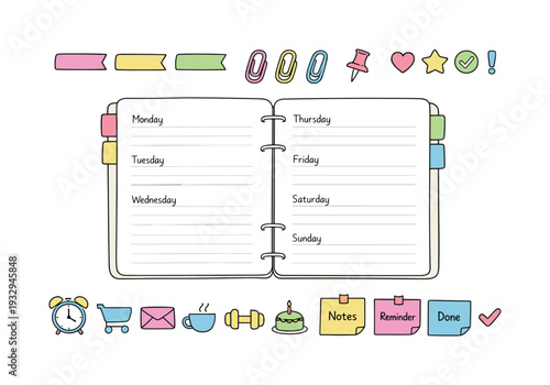 Open weekly planner spread, tabbed notebook pages, paper clips and sticky notes, small reminder icons for Planner sticker