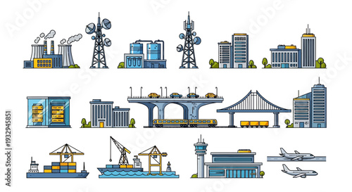 Collection of various industrial buildings, urban infrastructure, and transportation elements including factories, communication towers, bridges, cargo ships, and airplanes.