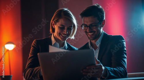 Professional man and woman collaborating on a project, looking at a laptop screen with happy expressions.