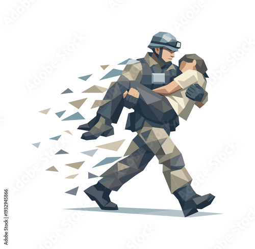 Low-poly vector illustration of a rescuer carrying the survivor into safety, posture stabilizing with confident angular stride