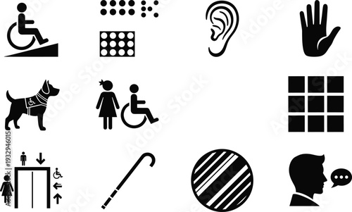Accessibility icons set vector illustration, disability symbols braille wheelchair guide dog inclusive communication collection