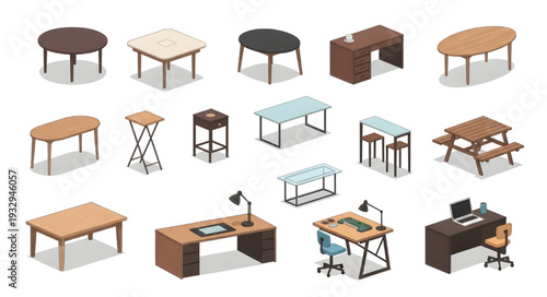 Modern Table and Desk Furniture set Icons, Interior Design Vector Collection