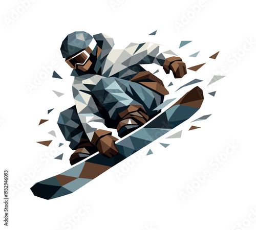 Low-poly vector illustration of a snowboarder suspended midair performing an aerial trick, full-body rider with sharply faceted