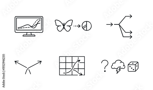 Line style vector icons of initial-condition sensitivity: computer-screen motif, tiny-change icon, branching-path outline,