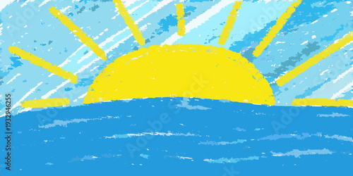 A bright yellow sun rises over a textured blue ocean horizon